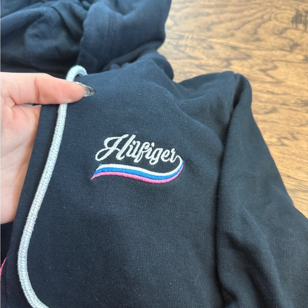 TOMMY HILFIGER Vintage Zip Up Hoodie Colorblock Navy Pink Trim Logo Embroidery L - Picture 3 of 6